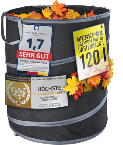 WERKFOX® Gartenabfallsack Pop Up 120L, stabiler Laubsack selbststehend | Kein Umkippen beim Befüllen, selbstöffnender Pop-up Gartensack stabil, wasserfester Grünschnittsack, M, 62x62x69 cm