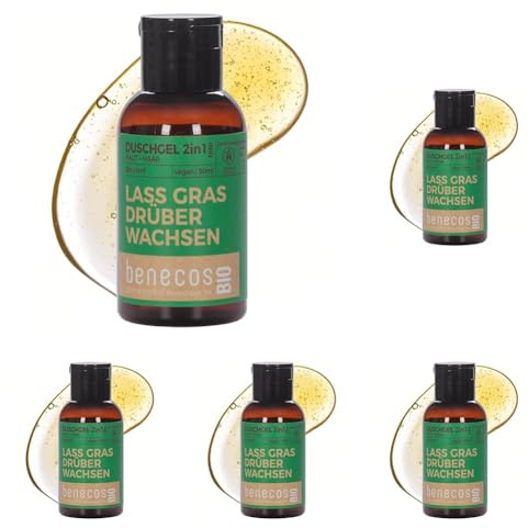 BenecosBIO Mini Duschgel 2in1 Lass Gras drüber wachsen - Bio-Hanf - zertifizierte Naturkosmetik - vegan - sanfte Reinigung für Haut & Haare - 50ml (Packung mit 5)