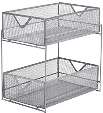 Mind Reader CABASK2T-SIL Network Collection - Cesta deslizante de 2 niveles, cocina, escritorio, maquillaje, organizador de gabinete, malla metálica, color plateado