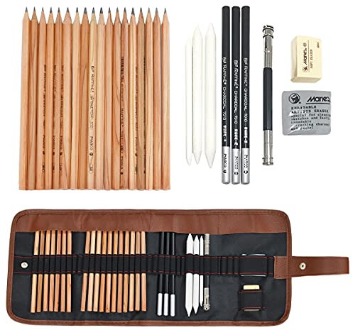 Easehome Zeichenstifte, Skizzenstifte, 29-teiliges Künstler-Set mit Tasche inkl. Skizzenstift, Kohle, Graphit, Radiergummi, Messer, Extender für Kinder und Erwachsene