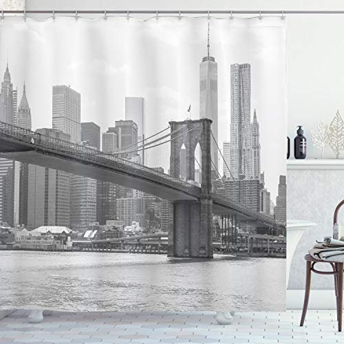 ABAKUHAUS Paysage Rideau de Douche, Brooklyn Bridge USA, Tissu Ensemble de Décor de Salle de Bain avec Crochets, 175 cm x 240 cm, Gris Blanc