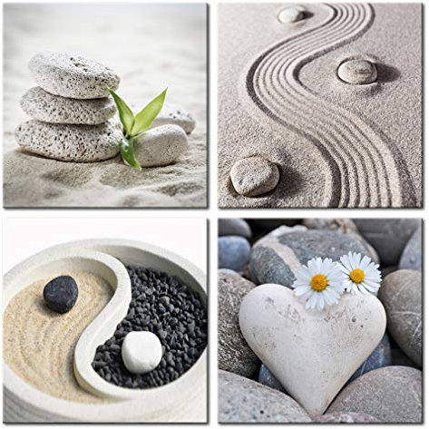 decomonkey - Impression sur Toile Intissé Zen Spa 80x80 4 Pièces - Tableau Décoration Appartement Cadre en Bois Déco Salon Peinture sur Toile Maison Pierre fleurs mer nature paysage sable zen
