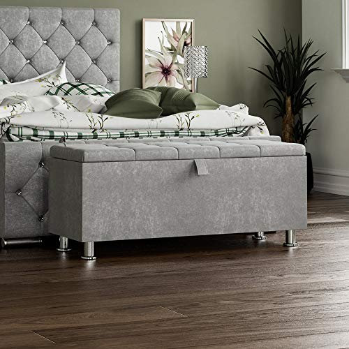 Vida Designs Valencia Storage Ottoman, Fabric in Silver Velvet, 100x40x44cm - Storage Ottoman with Lift-Up Lid, Ideal for Toys, Bedding & Footstool Use | UKFR Certified