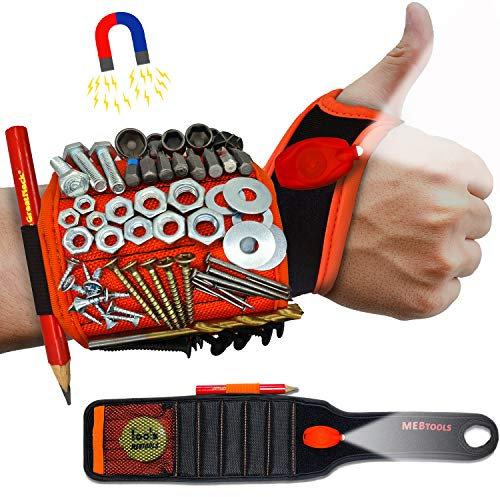 2 magnetische Armbänder mit Taschenlampe und Maßband - Schraube, Bohrer, und Nagelhalter mit 20 starken Magnetstücken erhöht den Komfort für Heimwerker, Tischler, Mechaniker und mehr von MEBTOOLS