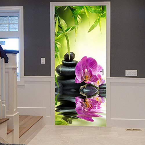 A.Monamour Türtapete Selbstklebend Türfolie Türposter 3D Yoga Meditation Zen Grüne Pflanzen Orchidee Blume Felsen Steine Wasser Vinyl Folie Türdeko Tapete Wandbild Türaufkleber Türtattoo 77 x 200 cm