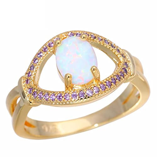 SALAN Weiß Erstellt Feueropal Lila Zirkon Gelbgold Farbe Für Frauen Schmuck Ring