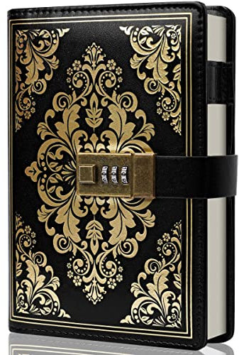 CAGIE Lock Journal für Frauen, Vintage, nachfüllbar, Tagebuch mit Schloss, 224 Seiten, Leder, gesperrtes Tagebuch für persönliche Geheimnisse, Schreiben (Schwarz)