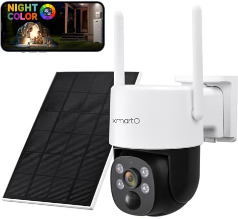 xmartO [Night Color QHD Solar Powered Wire-Free Home PTZ Security Camera Wireless Outdoor (Eternal Solar Power, Thermal Motion Detection, Spot Lights and Siren, Compatible with WiFi/Bluetooth)