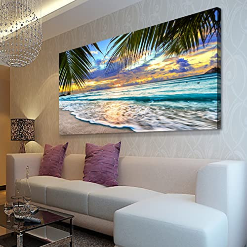 Strand Leinwand Wandkunst Meereslandschaft Themenbilder Wohnkultur Blau Ozean Weiß Welle Palme Drucke Gemälde für Wohnzimmer Badezimmer Schlafzimmer Küche Büro Dekoration Natürliche Landschaft