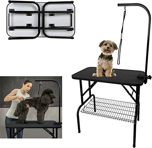 HENGMEI Trimmtisch für Hunde, Hundepflegetisch, Tierpflegetisch Schertisch mit Höhenverstellbarem Galgen, 1 Schlingen und Kratzfester Gummioberfläche, 80x46x76cm