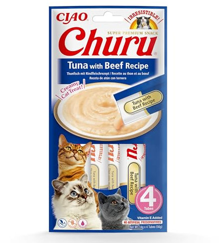 INABA Churu Puree Katzenleckerlis Creamy Snacks, Hochwertige Proteine mit Thunfisch & Rind 56 g (1er Pack), Katzensnacks in Premium Qualität