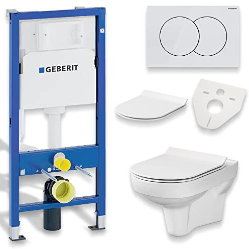 KOLMAN WC Set: Geberit Duofix Basic UP 100 Vorwandelement + Wand-WC New City CleanOn Weiß + Drückerplatte Delta01 Weiß + Slim Duroplast WC-Sitz mit Soft-close + Schallschutzmatte