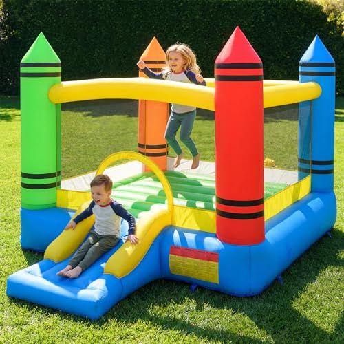 COSTWAY Inflatable Bounce House, Crayon Bouncy Castle with Slide, Large Jumping Area and Carrying Bag, Blow up Jumper for Indoor Backyard Playground