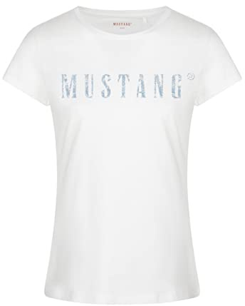 MUSTANG Damen Tshirt Rundhals O-Neck Basic Kurzarm Logo Print Sommer Shirt | 100% Baumwolle Weiß Blau Grün Rot S M L XL XXL