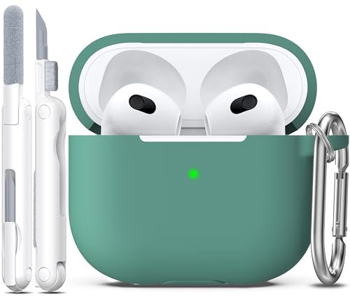 R-fun Compatible con AirPods 3ª Generación 2021 Funda de Carga, Funda Protectora de Silicona Suave Compatible con Apple Airpods 3 Gen con Kit de Limpieza y Llavero,Verde Pino