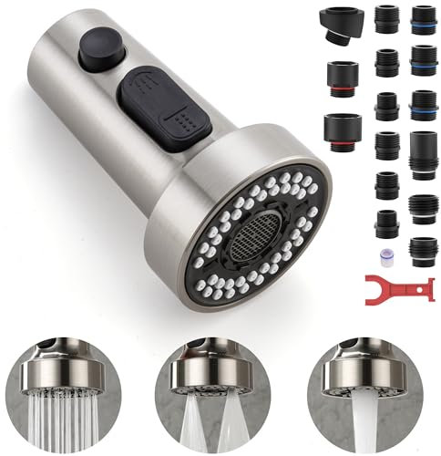TIORIY Pull Down Spray Head Replacement - for Kitchen Faucet Sprayer Head with 15 Adapters, 3 Function Pull Out Faucet Spray Nozzle, Brushed Nickel