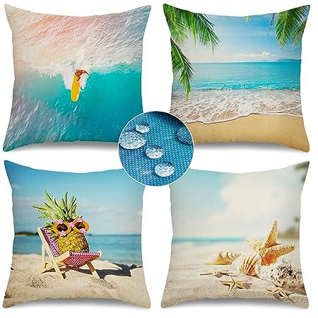 Kissenbezüge 4er Set 45x45, Sofakissenbezug Leinen Zierkissenbezüge Leinen Kissenhüllen Outdoor Maritime Kissenbezüge Surfen Kissenhülle Sommer Blau
