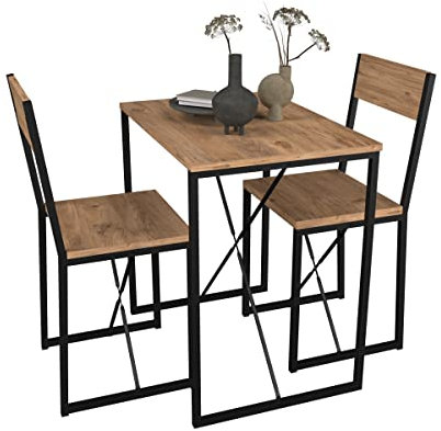 VCM 3-TLG. Holz Metall Essgruppe Küchentisch Esstisch Set Tischgruppe Tisch Stühle Insasi M Honig-Eiche