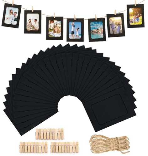 Anwyll 30Pcs Paper Picture Frames - 4x6'' Black Paper Photo Frames Cardboard Picture Frames with Clip and String DIY Clip Photo Holders Photo Hanging Display Kit Wall Decoration for Home Party Office