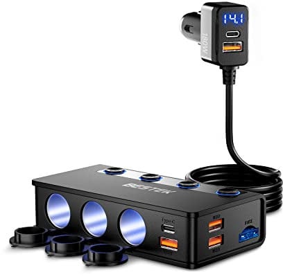 BESTEK Cigarette Lighter Car Charger Power Adapter 180W 12V/24V DC Multi Socket Car Charger Splitter with Multi USB-C PD Ports & QC 3.0 USB-A Ports (2 USB-C PD+4 USB-A QC) Fast Charging Power Outlet