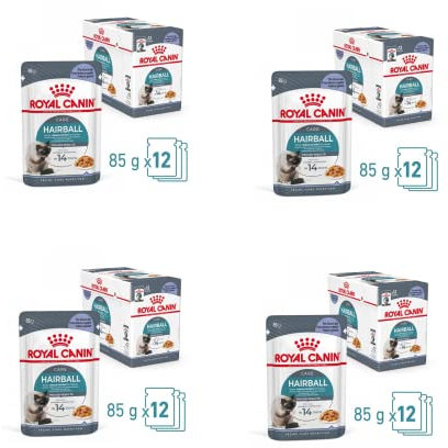 Royal Canin FCN Hairball Care Jelly | 4er Pack | 4 x 12 x 85 g | Alleinfuttermittel für Katzen (feine Stückchen in Gelee) | Kann zur Verringerung der Bildung von Haarballen beitragen