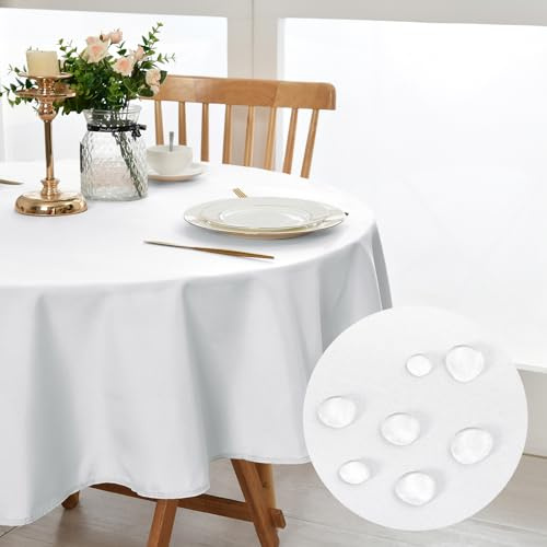 DWCN Weiß Tischdecke Rund 120cm Fleckschutz Abwaschbar Geburtstag Party | Outdoor Tischdecke Weihnachten Wasserabweisend Waschbar Polyester Tischtuch für Esszimmer,Garten,Hochzeiten oder Haushal