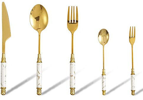 5-Piece Kitchen Silver Cutlery Set of 410 Stainless Steel, Marble Texture, Ceramic Handle, Unique Handle Design, Including Knife/Fork/Spoon (White Handle) (Marble, Green, Gold, White, Pink, Black)