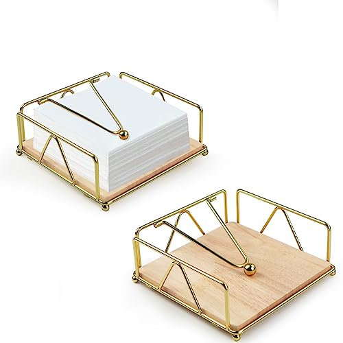 Lot de 2 supports de serviettes de table dorés avec bras lesté, distributeur de serviettes en métal avec base en bois, porte-serviettes en papier pour cuisine, restaurant (doré)