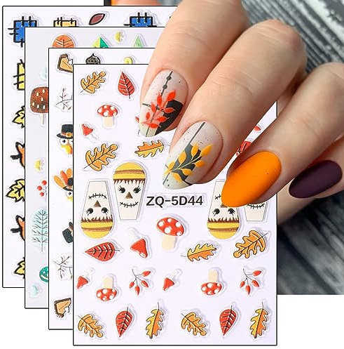 JMEOWIO 3D Embossed Fall Autumn Thanksgiving Nail Art Stickers Decals Self-Adhesive 5D Pumpkin Maple Leaf Nail Supplies Nail Art Design Decoration Accessories 4 Sheets