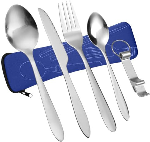 Vicloon Ensemble de Couverts, 5 pièces de couverts en Acier Inoxydable, Ensemble de Couverts Transportables, Couverts en Acier Inoxydable avec Idéal pour les Voyages et le Camping(Bleu foncé)