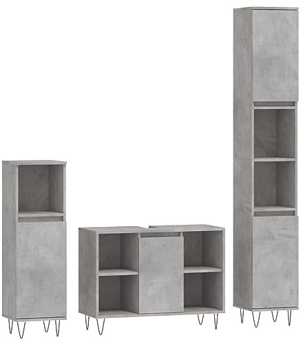 vidaXL Badmöbel Set 3 TLG., Badezimmermöbel mit viel Stauraum, Badschrank mit Eisenbeinen, Badezimmerschrank Waschbeckenunterschrank Hochschrank, Betongrau Holzwerkstoff