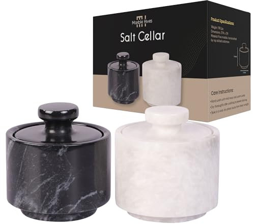 Marble Hives Marble Salt Cellar with Lid- Pack of 2 Marble Salt and Pepper Bowls- Salt Holder with Lid to Put Salt, Paprika, Pepper, and Spice (White & Black, Style 01)