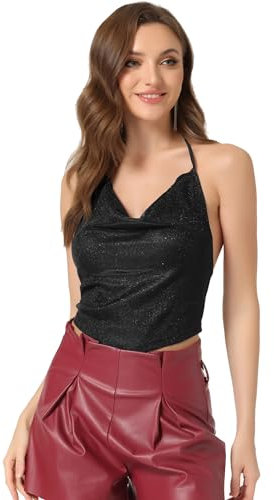 Allegra K Damen Glitzer Top Pailletten Oberteil Sequin Sexy Festival Outfit Rückenfreies Party Neckholder Bauchfrei Cami-Tops Schwarz M