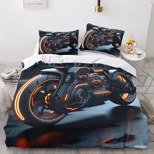 OPSREY Cool Motorcycle Duvet Cover Set Kissenbezug Verstecktes Scharnier Bettbezug Baumwolle Black Motor Bettwäsche Set Wärme Zum Schlafen Steppdeckenbezug Double（200x200cm）