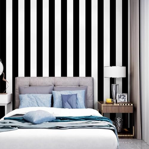 HimYKEA Modern Minimalist Non-Woven Vertical Striped Line Wallpaper Roll for Living Room Bedroom Non-Pasted Wall Paper Roll Black White 1.73'L x 32.8'L