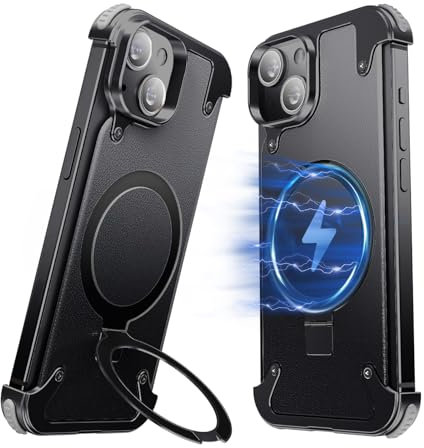 NIFBANG Stoßfest Aluminium für iPhone 15 Hülle mit Magsafe,Leder Rahmenlose Handyhülle Anti-Scratch Anti-Fingerprint Handyhüllen Dünn,Schutzhülle mit Integrierter Ständer Phone Case