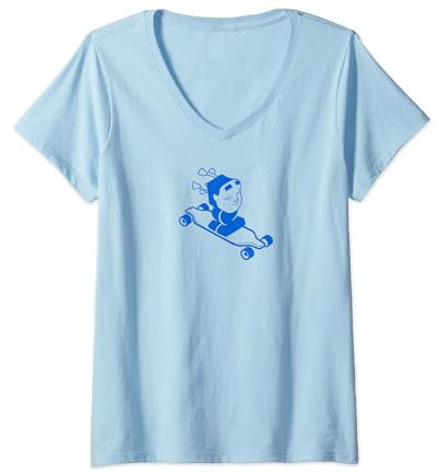 Damen Masked Spirit Japanischer Stil auf einem Longboard.Minimalistische Kunst T-Shirt mit V-Ausschnitt