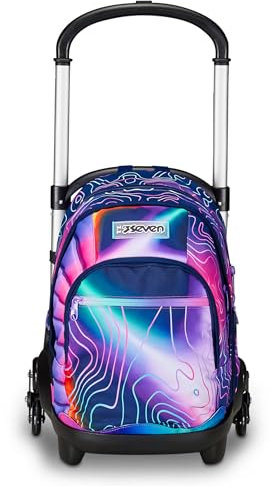 Seven Flex Schulranzen mit Trolley-Funktion, Rucksack mit Rollen, zum Ziehen, für Schule Sport Freizeit, ab 1. Klasse, 3 in 1, mit Trinkflaschenfach, für Kinder, rosa-blau