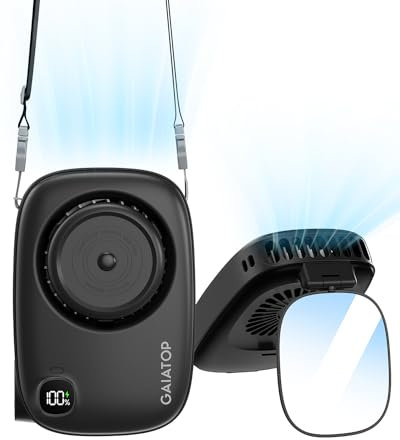 Gaiatop Mini Neck Fan, Rechargeable LED Power Display 3 Speed 360°Rotate Lash Makeup Mirror Cute Camera Design, Small Portable USB Handheld Desk Fans Personal Cooling Travel Essentials Black