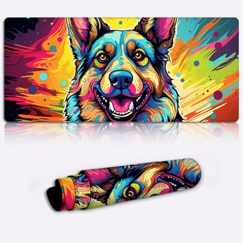 LJSPTU Schreibtischunterlage Psychedelischer Deutscher Schäferhund, große Mauspads (60 x 35 x 0,3 cm), Lange Computer Tastatur Mausmatte, geeignet für optische und Laser Mäuse