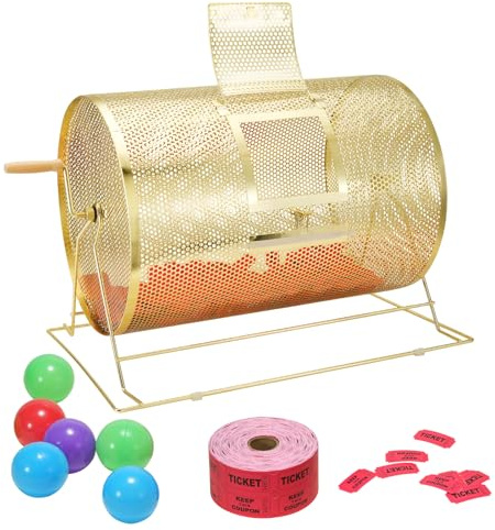 VEVOR Tambor de Tómbola de Lotería Capacidad de 10.000 Boletos o 300 Pelotas de Ping-Pong Jaula de Juego de Bingo de Metal Chapado en Latón Mango Giratorio de Madera 376x540 mm para Evento de Votación