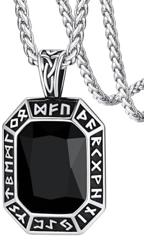 FaithHeart Silber Onyx Schmuck für Damen Herren, Edelstahl Wikinger Rune Halskette mit Schwarzer Onyx Stein,Schutz Amulett für Mama Papa Geliebte