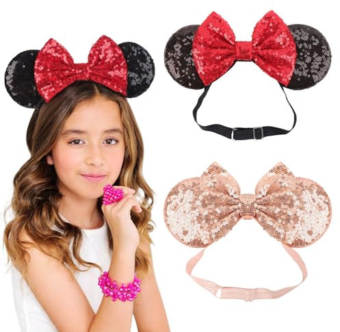 DRESHOW Minnie Oreilles Bandeaux Souris Oreilles Paillettes Arc Bandeaux Ajustable élastique Bandeau Paillettes Fête Décoration Costume Cosplay pour Femmes
