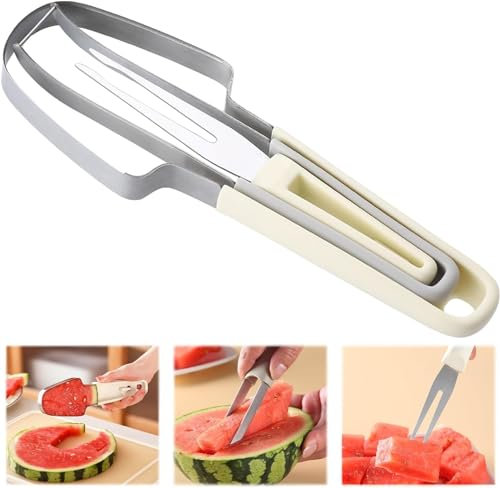 3-in-1 Wassermelonen-gabelschneider Aus Edelstahl, Wassermelonen Schneider, Melonenschneider, Melonen Würfel Wassermelonen Messer (Beige)