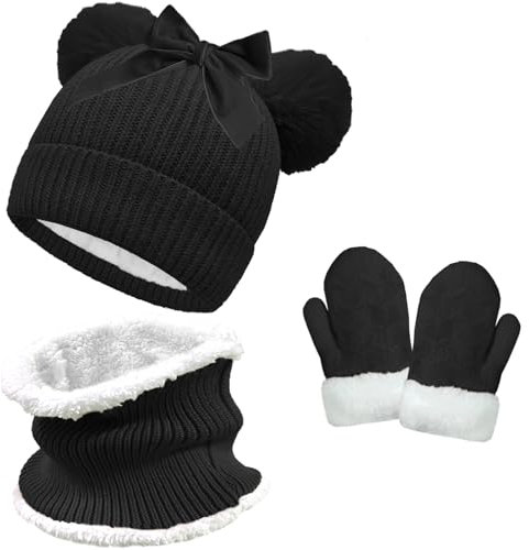crazy bean Mütze schlauchschal und Handschuhe Strick Set für Jungen Mädchen Wintermütze Bommelmütze mit Pompom Erstlingsmütze Halswärmer Loop Schal Kinder Warm Fäustling Dchwarz