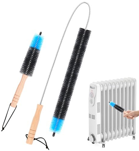 WuGU 2PCS Limpia Radiadores de Nylon, Juego de 1 Limpia Radiadores Calefaccion de 120 cm + Cepillo para Radiadores Corto de 26 cm, para Limpio Todos Los Rincones y Pelo Animal (Negro + Azul)
