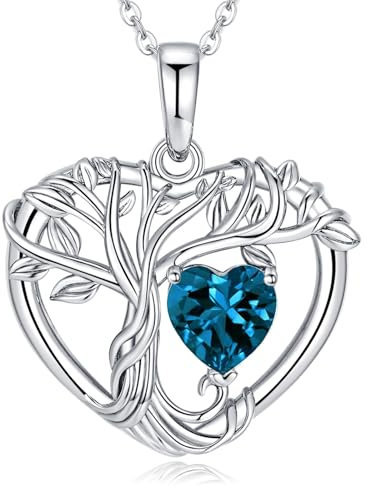 LOCIBLO Tree of Life Necklaces for Women 925 Sterling Silver Heart Pendant White Gold Synthetic Blue Topaz Necklace November December Birthstone Jewellery for Her, 18+2