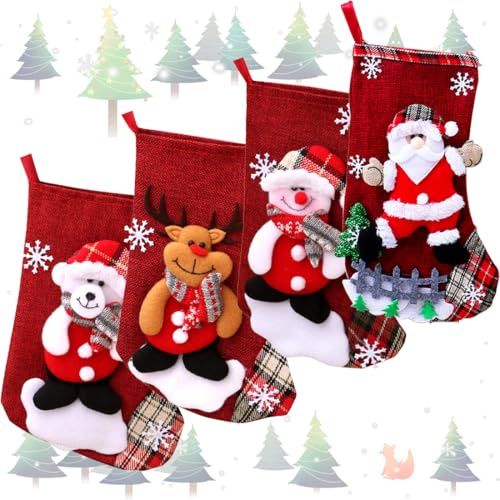 Nikolausstrumpf 4er Set, Weihnachten Geschenktasche Personalisierte Xmas Socken, Rot Nikolausstiefel zum Befüllen Weihnachtsstrümpfe Weihnachtsdeko, für Feiertags,Familienparty,Dekor,Geschenk