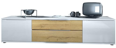 Vladon TV Lowboard Linio V2, Fernsehtisch mit 2 Türen und 2 Schubladen – Weiß/Eiche Natur (166,5 x 37,5 x 35 cm)