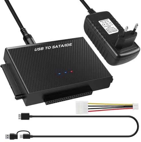 Adaptateur USB 3.0 vers SATA IDE - Adaptateur USB 3.0 vers IDE/SATA - Pour disque dur externe SATA & IDEHDD/SSD 2,5/3,5 - Avec câble USB et câble SATA et bloc d'alimentation 12 V/2 A